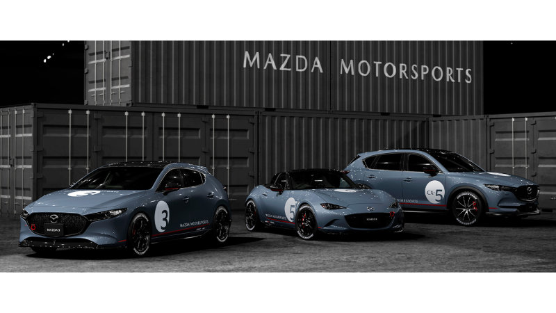 Race-inspired Mazda 3, CX-5, and Miata look great with white letter tires