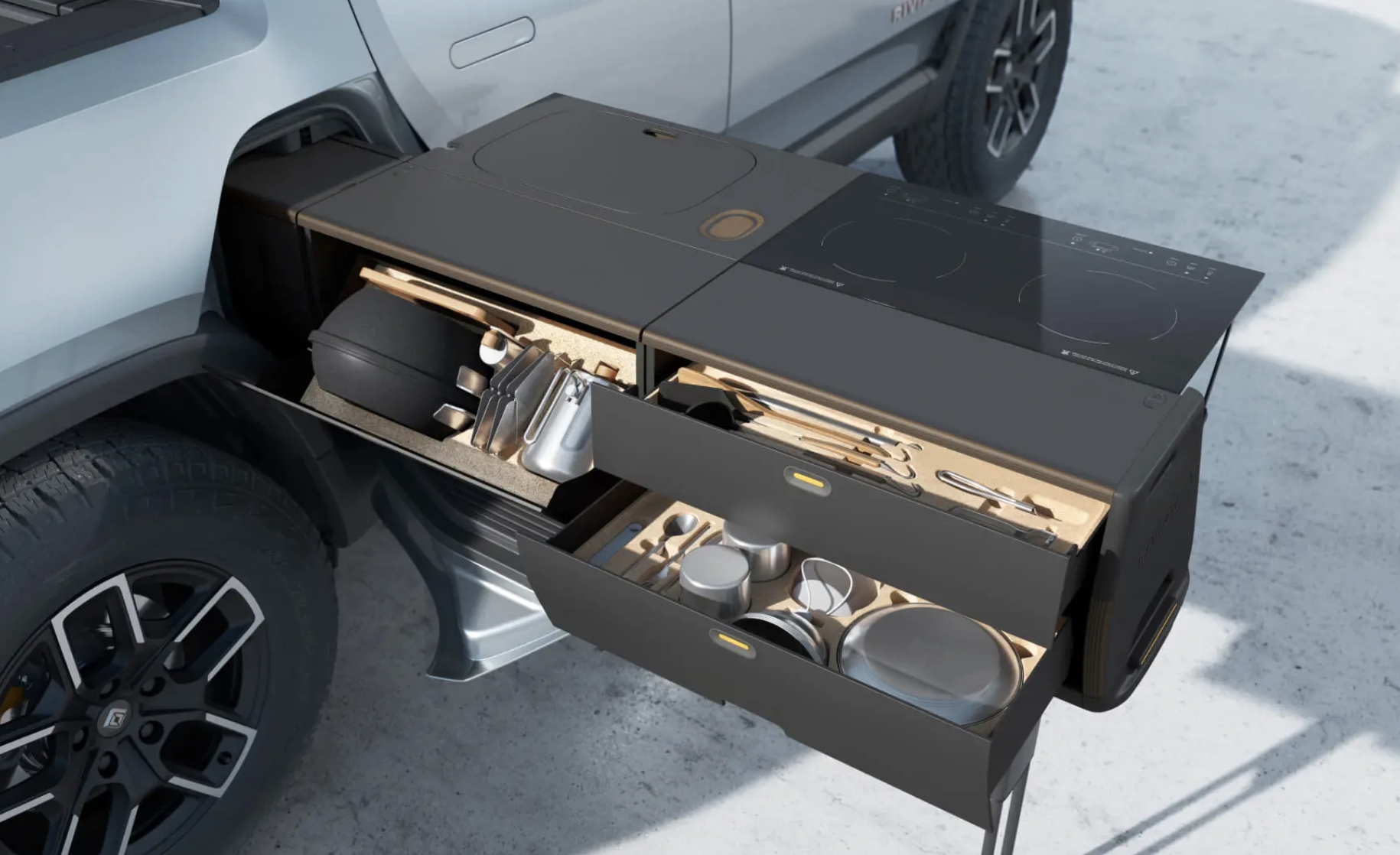 Rivian Cooks Up a Built-In Camp Kitchen for Its R1T Electric Pickup