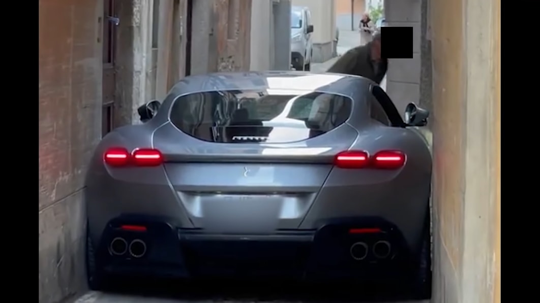 Watch a Ferrari Roma get trapped in a narrow Italian street